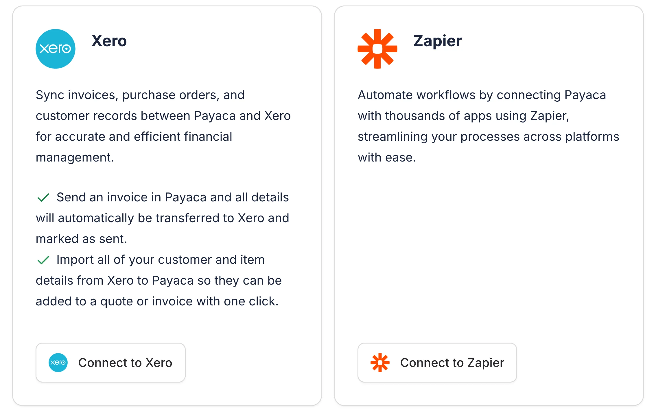 The Xero and Zapier cards on the Connections page in Payaca settings: Xero syncs invoices, purchase orders and customer records, and Zapier connects Payaca to thousands of apps
