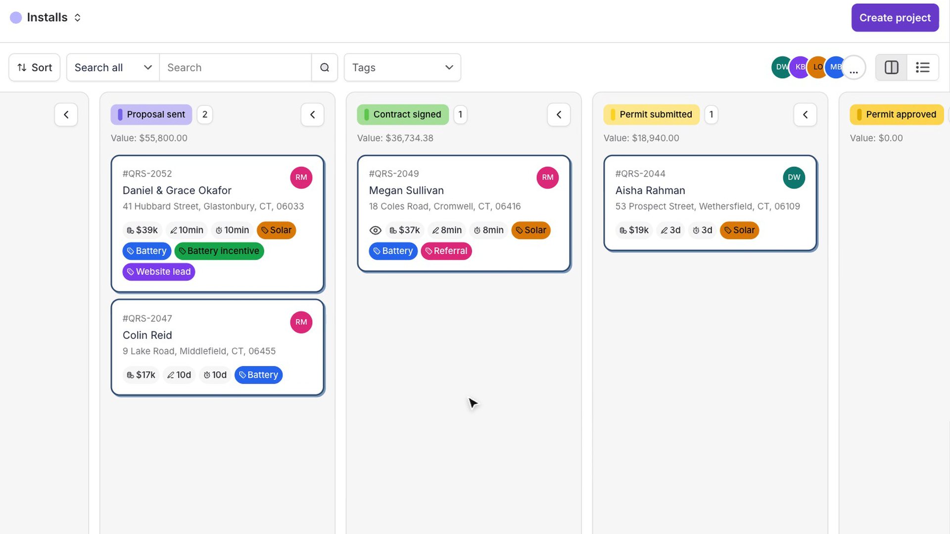 The Payaca web app moving from a solar pipeline that runs from new lead to PTO to the crews' week on the schedule, a site survey's details, the map of the week's visits and the signed jobs still waiting to be scheduled
