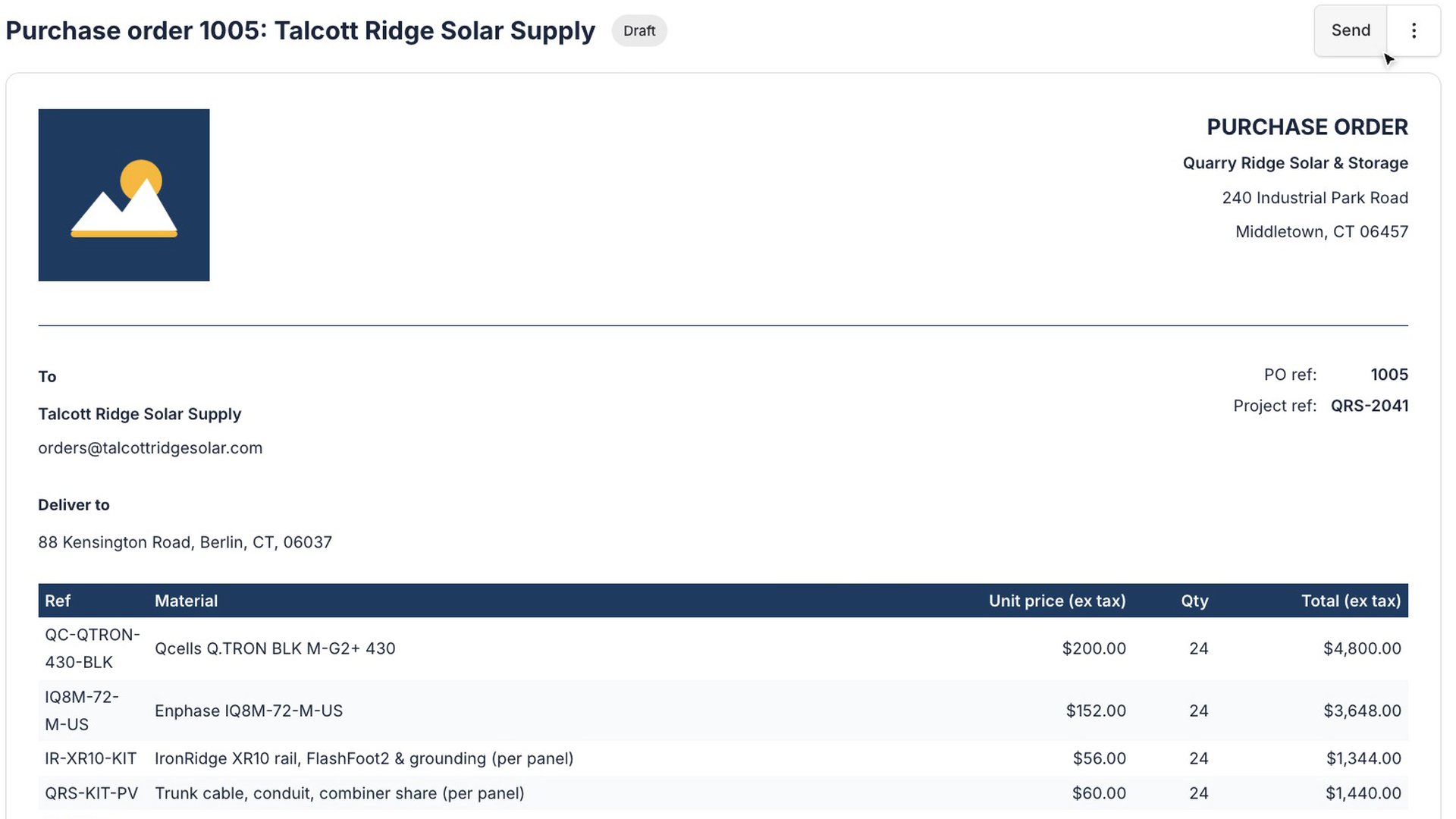 Ordering a solar job's materials in Payaca: choosing the supplier, setting the delivery address and creating the purchase order, which opens with the supplier, the panel, microinverter and racking lines at their prices and a Send button