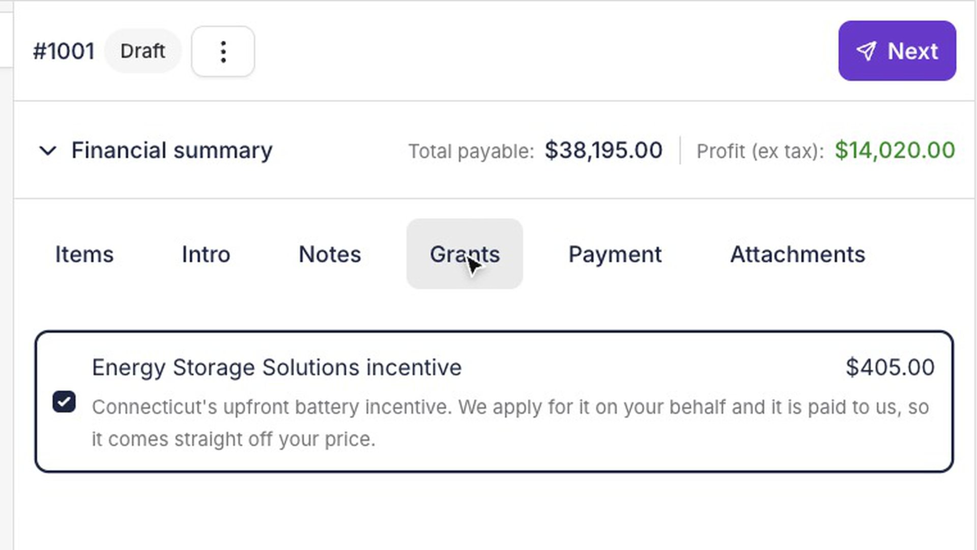 Building a solar and Powerwall proposal from the price list in the Payaca proposal builder, with the customer's view beside it, a Connecticut battery incentive taken off the price and the proposal email sent
