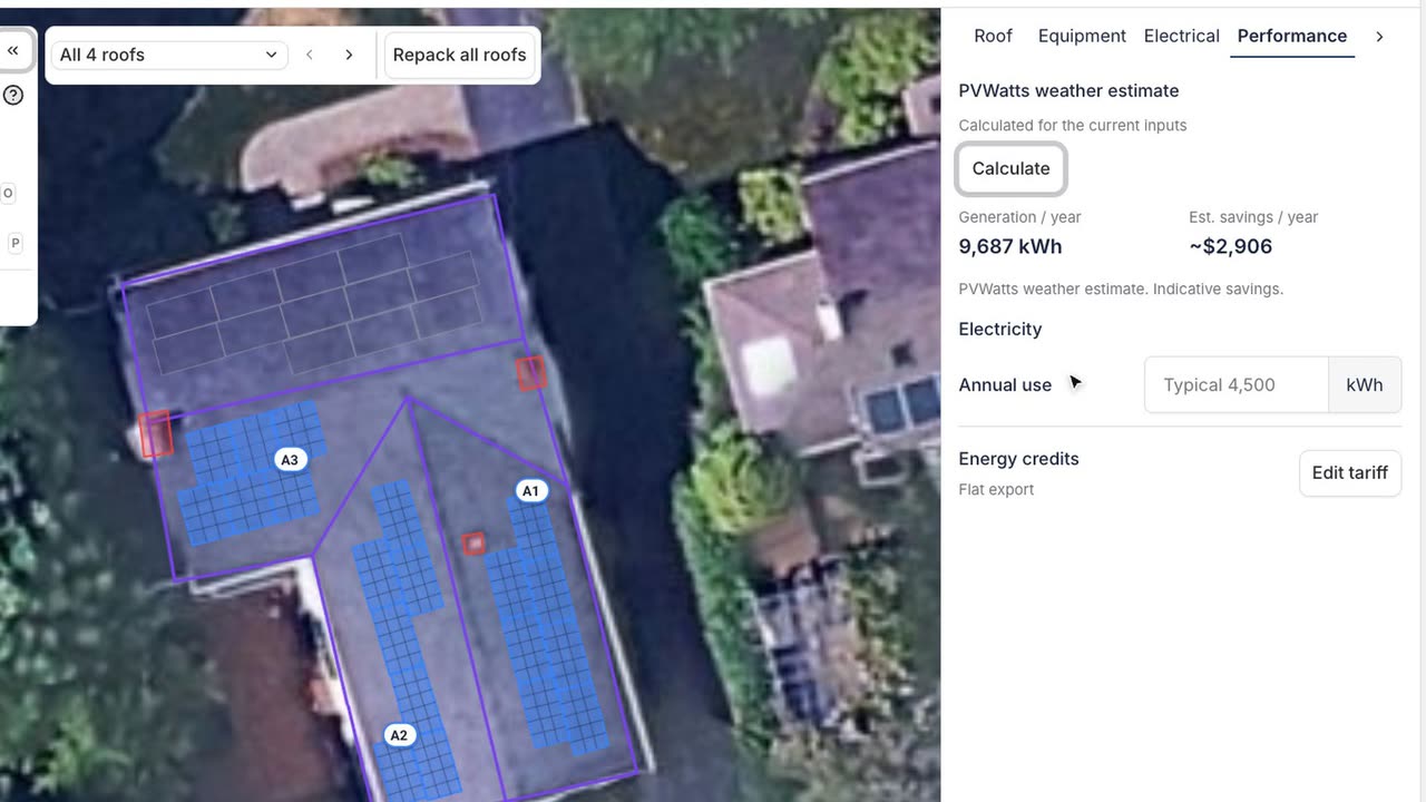 Glow on a hipped roof in Connecticut: the roof faces found on the imagery with panels laid out on them, then auto-stringing to the inverter with the strings labeled on the roof, and a PVWatts production estimate for the year