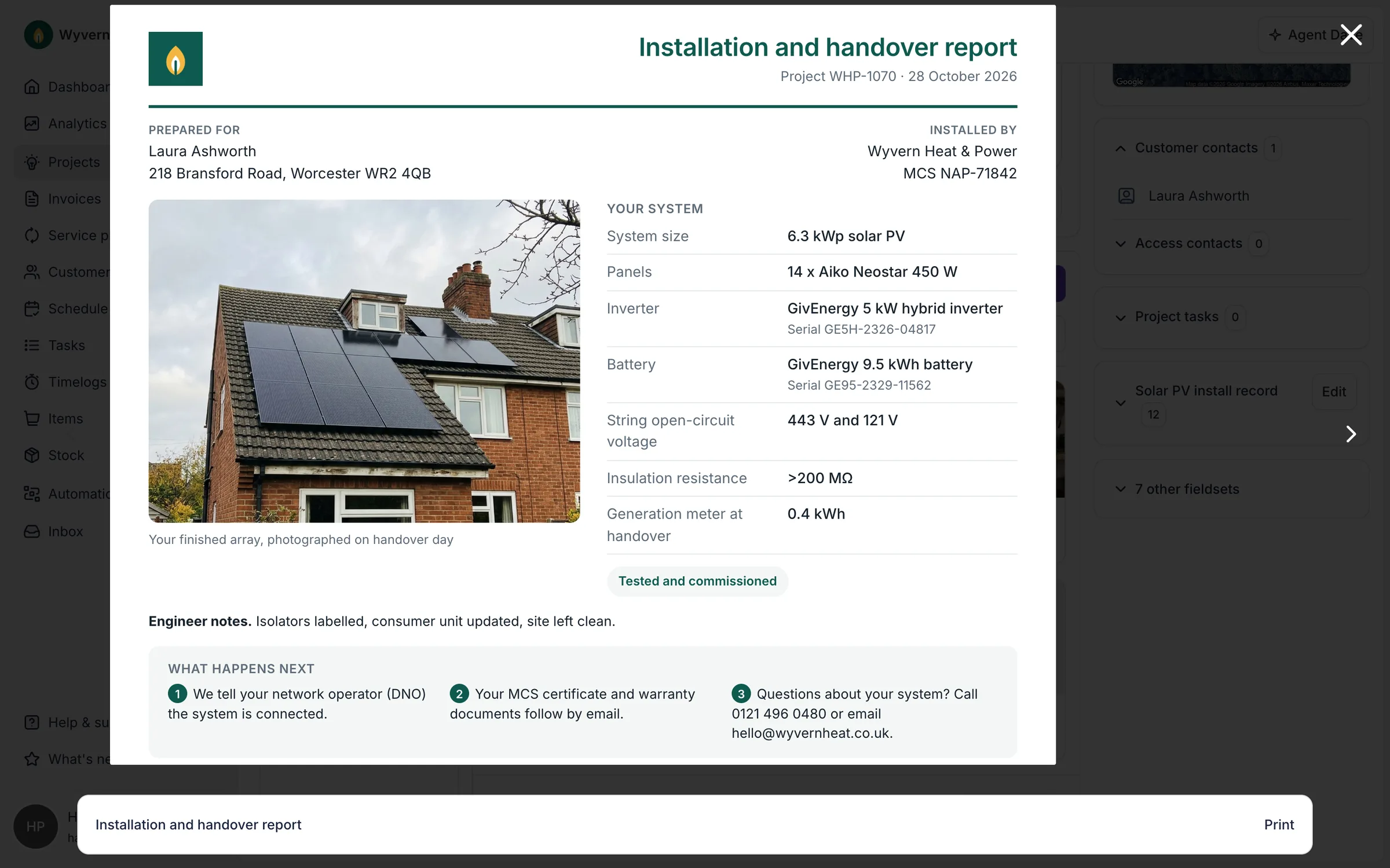 The installation and handover report Payaca made from the install record, with the engineer's photo of the array beside the serials and test readings, on a demo account