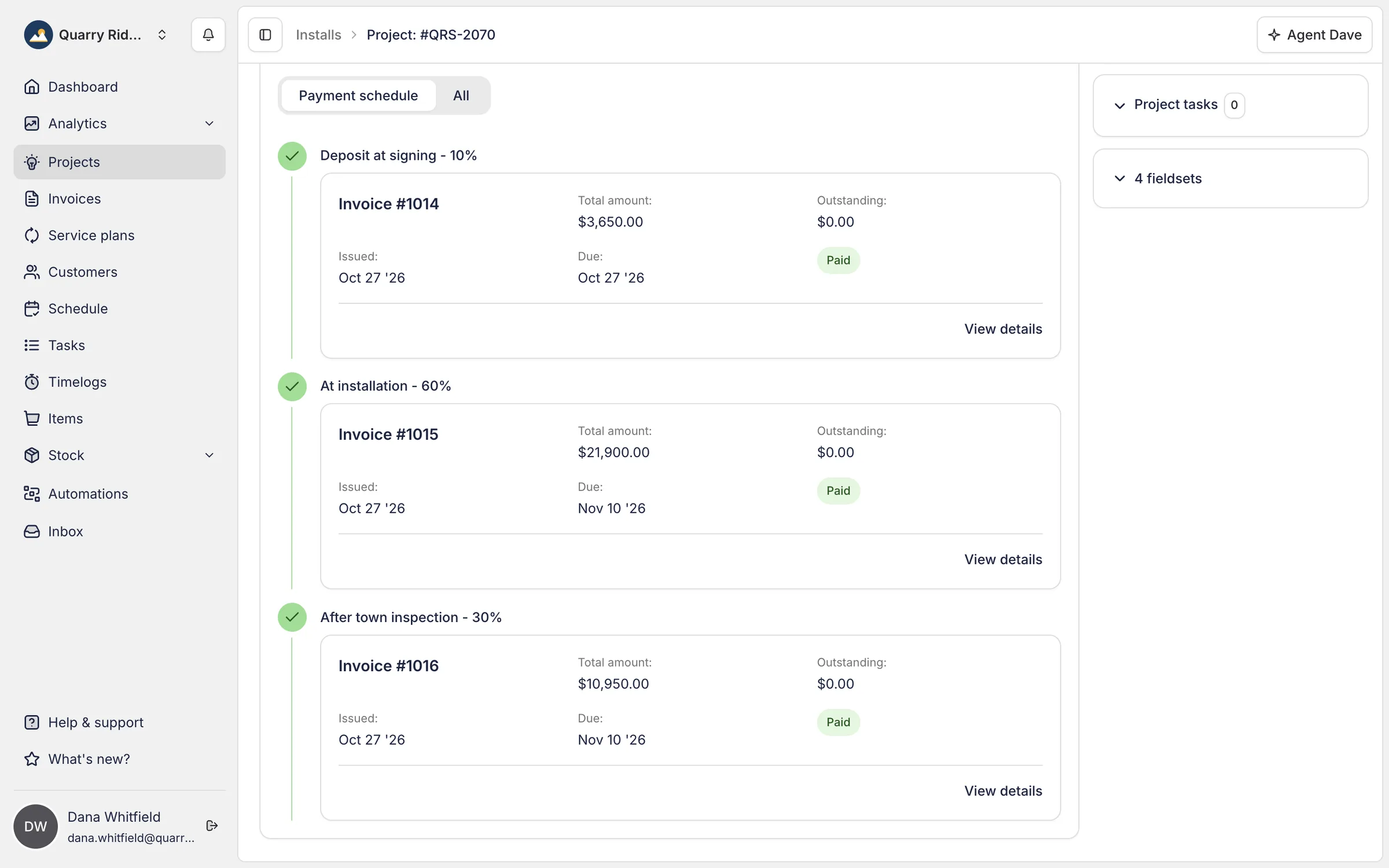The project's invoices in Payaca, each stage of the payment schedule paid, on a demo account