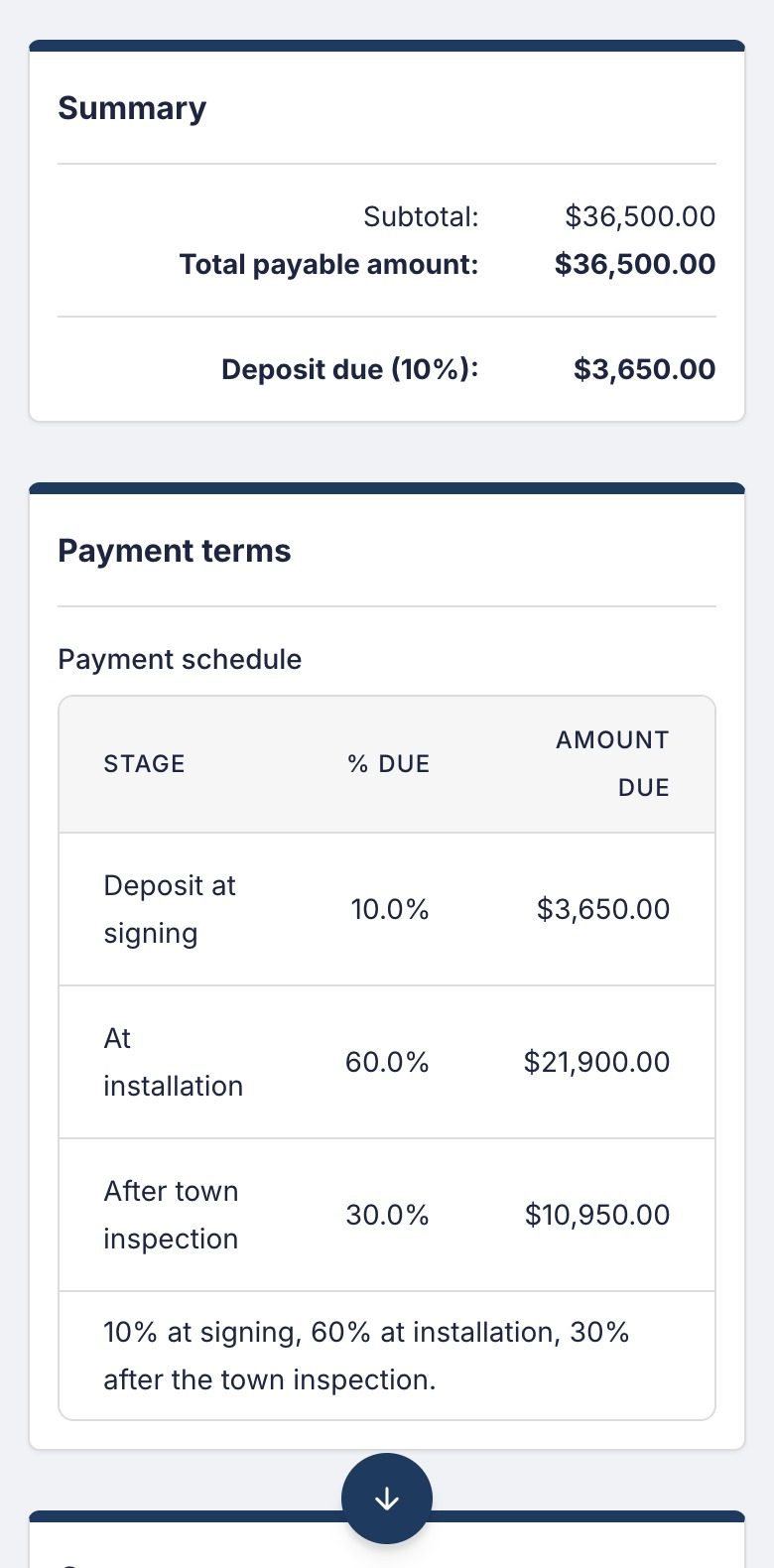 The homeowner accepting and signing the proposal on their phone in the customer portal