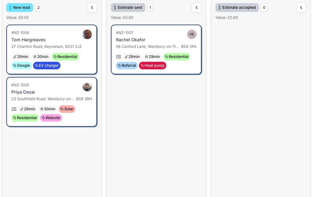 The Payaca pipeline board, with tagged deals in the New lead and Estimate sent stages