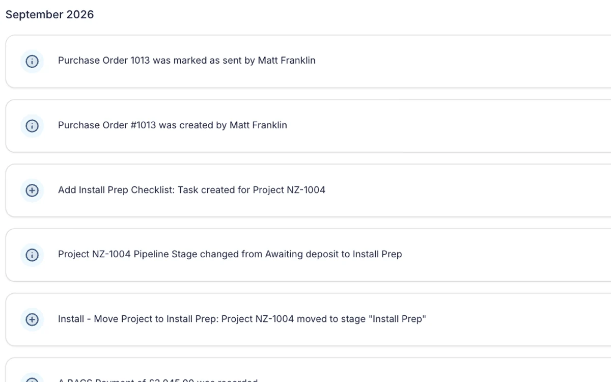 The activity timeline on a Payaca project, recording who changed what and when