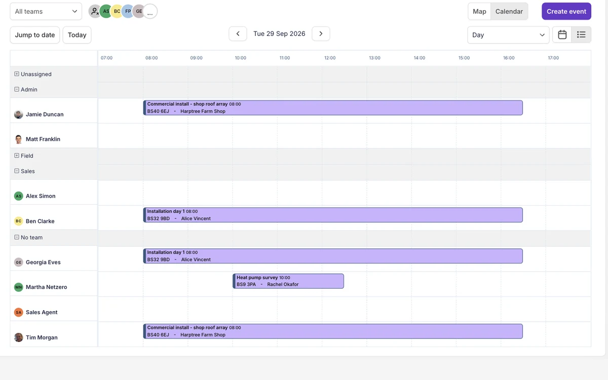 The Payaca schedule for an install day, one row per person grouped by team, with each crew's installs and surveys booked across working hours