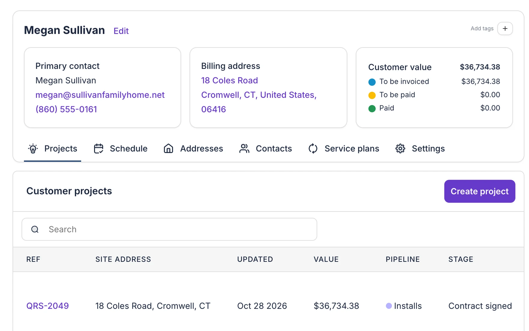 A customer record in Payaca for Megan Sullivan in Cromwell, Connecticut, with her contact details, billing address, customer value in dollars split into to be invoiced, to be paid and paid, and her project in the Installs pipeline at Contract signed