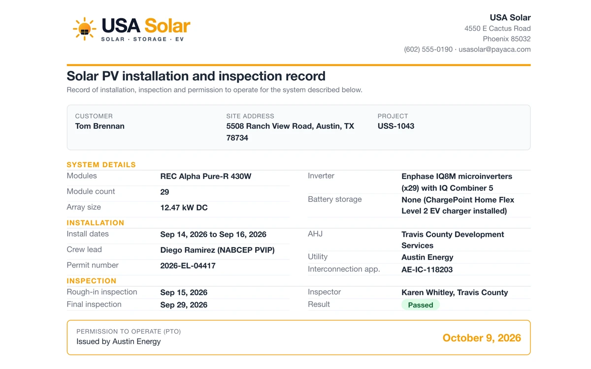 A branded Solar PV installation and inspection record generated from a Payaca project for an Austin home, with 29 REC 430W modules on IQ8M microinverters at 12.47 kW DC, the install dates and crew lead, the Travis County permit number and AHJ, the Austin Energy interconnection application, rough-in and final inspections marked Passed, and Permission to Operate issued October 9, 2026