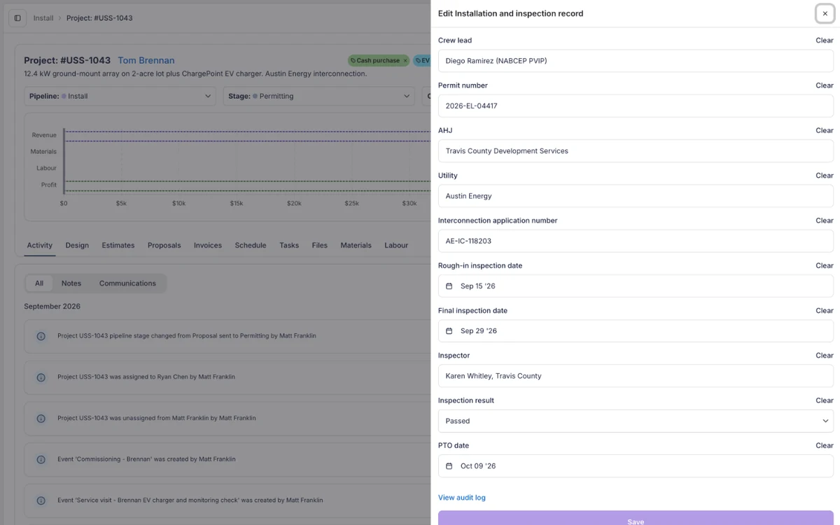 Project record tracking the permit number, Travis County as the AHJ, utility interconnection, rough-in and final inspections passed and the PTO date
