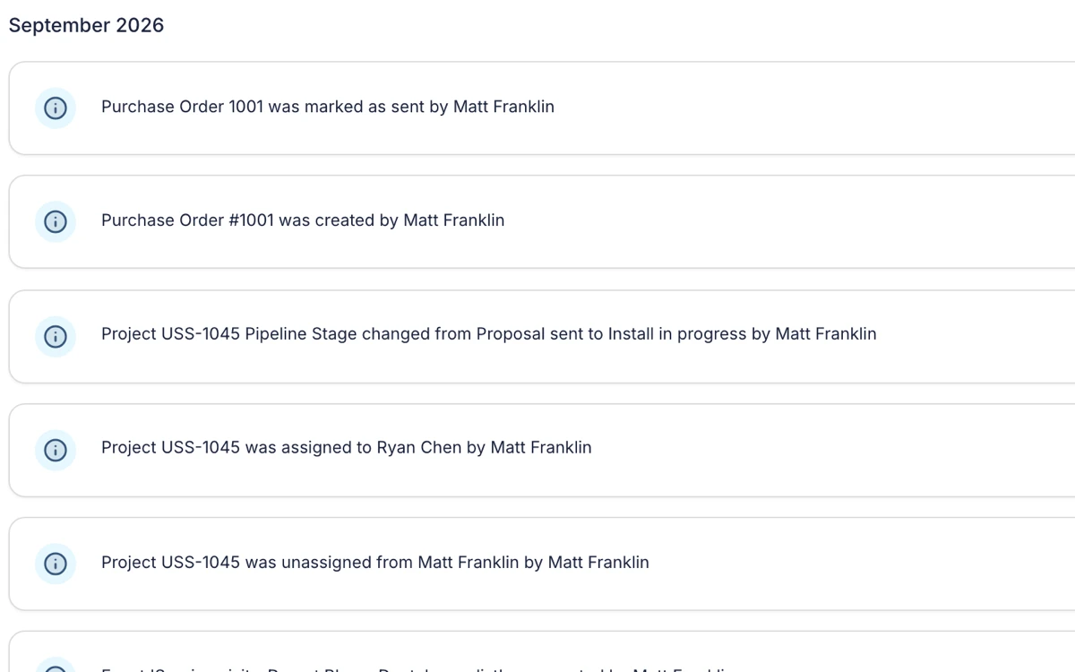 The activity timeline on a Payaca project, recording who changed what and when, from a purchase order being sent to the project moving stage and changing owner