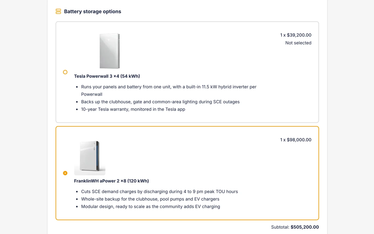 The Battery storage options multiple choice group in the Payaca proposal builder, each option with its product photo, bold title, three bullet points and price: four Tesla Powerwall 3 units at $39,200 not selected, and eight FranklinWH aPower 2 batteries at $98,000 selected, with a $505,200 subtotal