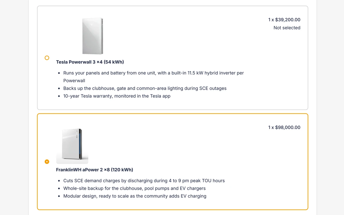 A customer-facing Payaca quote asking a homeowners association to choose between four Tesla Powerwall 3 batteries at $39,200 and eight FranklinWH aPower 2 batteries at $98,000, each with its product photo and bullet points, with the FranklinWH option selected